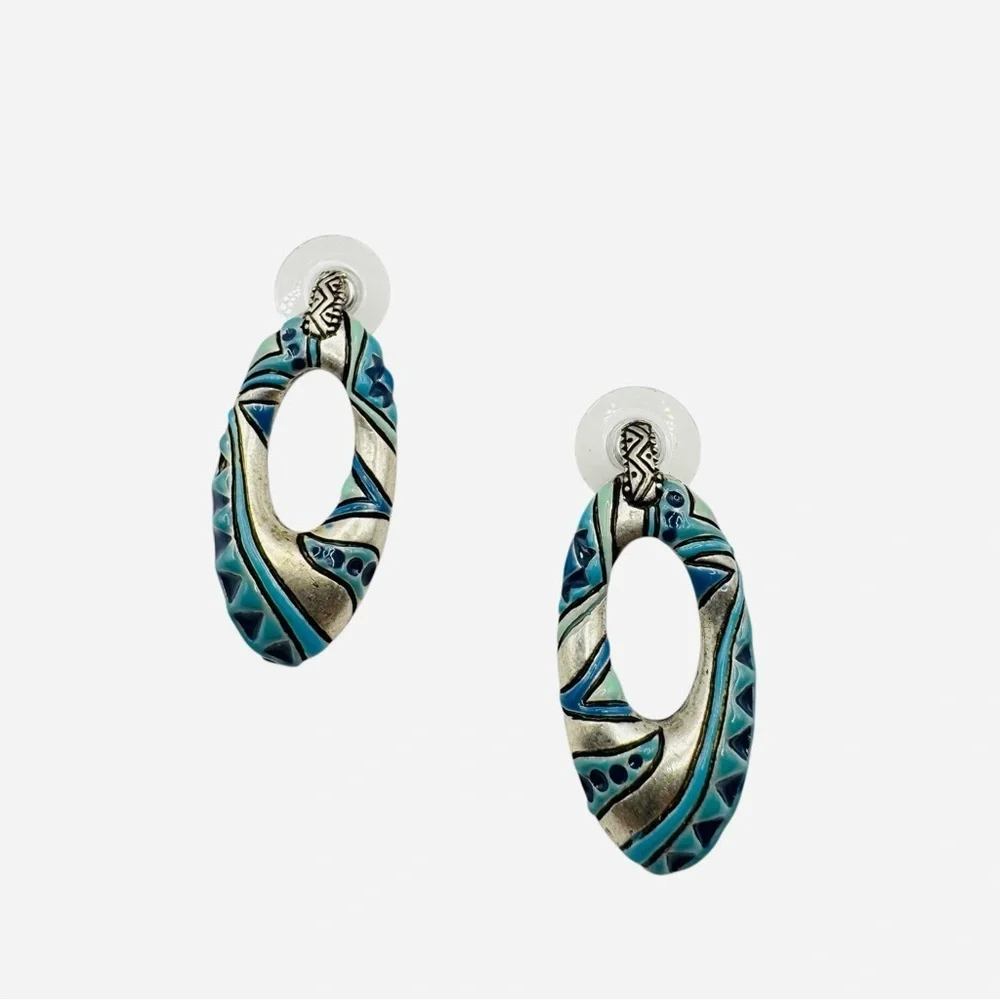 Southwestern Enamel Oval Drop Earrings Silver Tone Tribal Design Artisan Jewelry